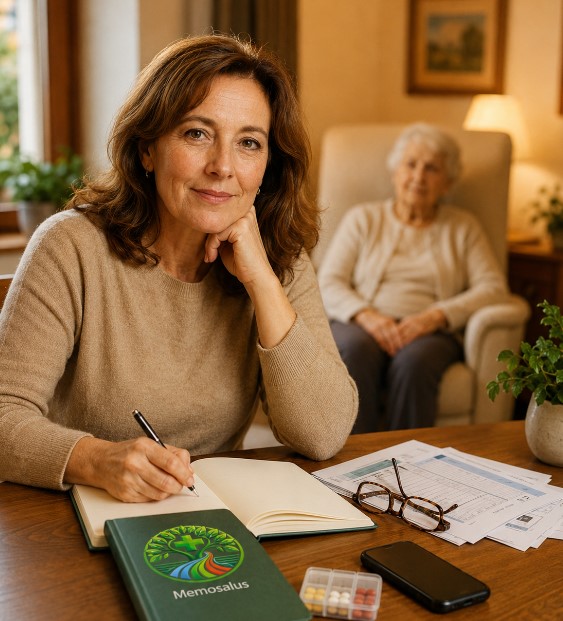 Caregiver che annota informazioni per una persona cara in un ambiente domestico sereno