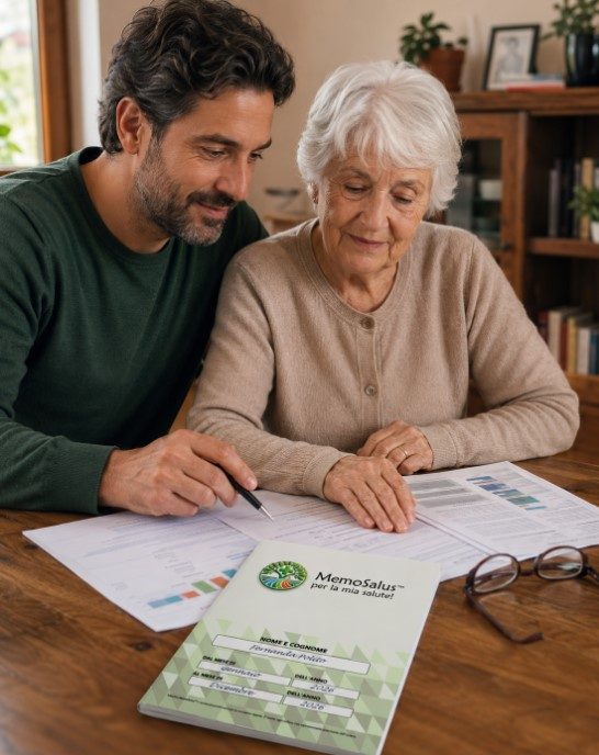 Familiare caregiver che aiuta una persona anziana a organizzare documenti e Memosalus®