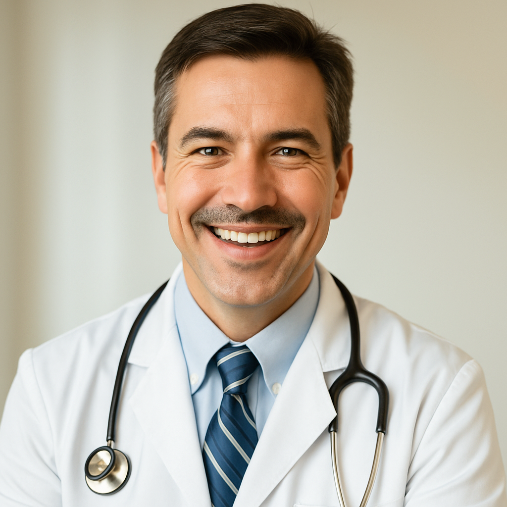 Medico sorridente in camice, immagine positiva del dialogo con il professionista