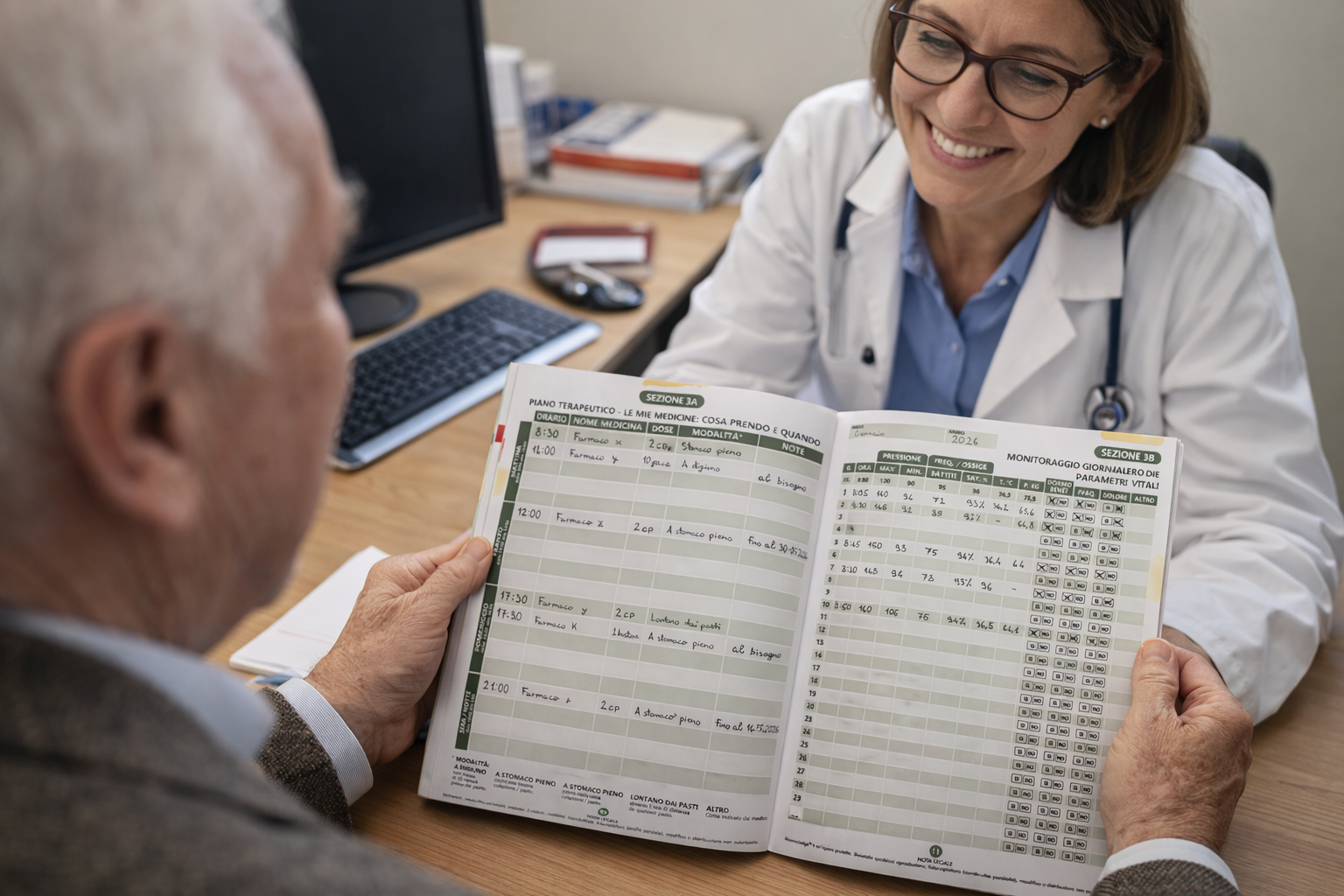 Memosalus® aperto sulle sezioni piano terapeutico e monitoraggio dei parametri vitali