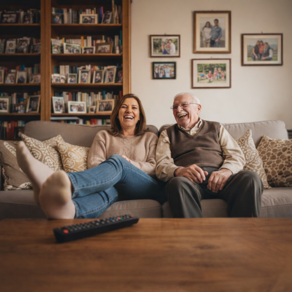Un familiare e una persona anziana sorridono insieme in un ambiente sereno
